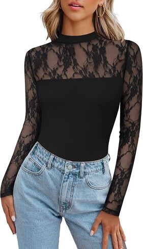 Zeagoo Long Sleeve Shirts for Women's Lace Tops Mesh Sheer Crew Neck Shirts Sexy Fall Going Out Blouse in Saudi Arabia