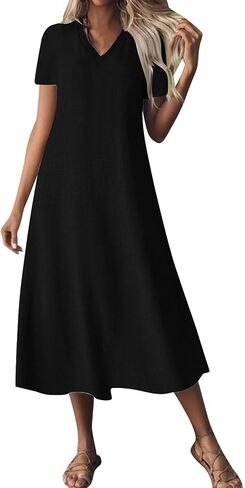 Women's Summer Short Sleeve Dresses Casual V Neck Pullover Loose Fit Midi Dresses Solid Color Beach Travel Clothes in Saudi Arabia