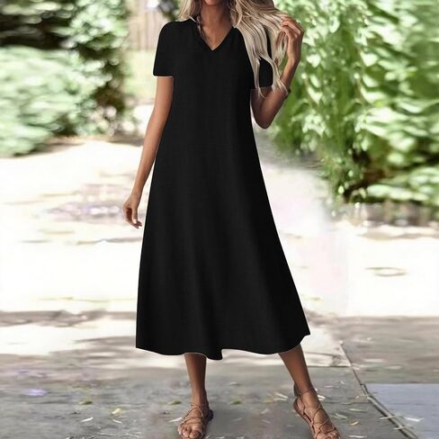 Women's Summer Short Sleeve Dresses Casual V Neck Pullover Loose Fit Midi Dresses Solid Color Beach Travel Clothes in Saudi Arabia