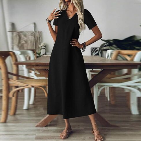 Women's Summer Short Sleeve Dresses Casual V Neck Pullover Loose Fit Midi Dresses Solid Color Beach Travel Clothes in Saudi Arabia