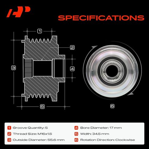 A-Premium Alternator Freewheel Clutch Pulley Compatible with Volvo C70 2007-2013, C30 2008-2013, S40 2007-2011, V50 2007-2011, 2.4L 2.5L, 5 Grooves Clockwise in Saudi Arabia
