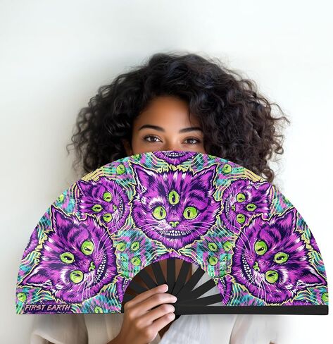 First Earth UV Glow Rave Fan – Folding Hand Fan with Bamboo Ribs & Blacklight Reactive Fabric – Loud Snap, Festival Accessory for EDM, Dance, Party, and Performance – 13" Closed, 25" Open (Luna Moth) in Kuwait