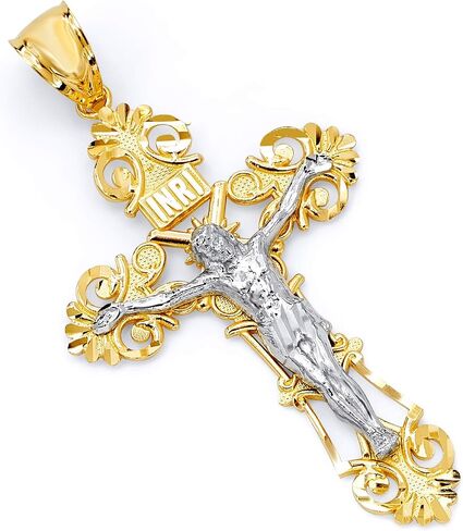 14k REAL Two Tone Gold Religious Crucifix Jesus Cross Charm Pendant in Saudi Arabia