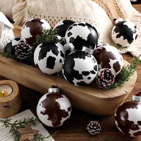Syhood 12 Pcs Cowhide Printed Christmas Ball Ornaments Plastic Western Ornaments Cow Hanging Decoration Country Western Party Decor Rustic Holiday Xmas Decorations for Home Tree Gifts (Cow Style) in Saudi Arabia