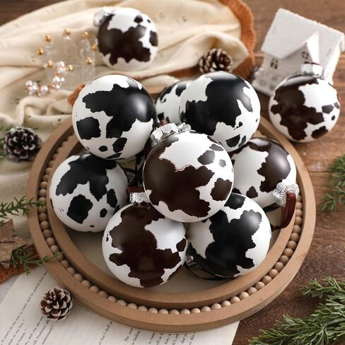 Syhood 12 Pcs Cowhide Printed Christmas Ball Ornaments Plastic Western Ornaments Cow Hanging Decoration Country Western Party Decor Rustic Holiday Xmas Decorations for Home Tree Gifts (Cow Style) in Saudi Arabia