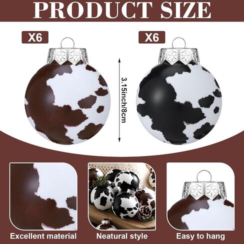 Syhood 12 Pcs Cowhide Printed Christmas Ball Ornaments Plastic Western Ornaments Cow Hanging Decoration Country Western Party Decor Rustic Holiday Xmas Decorations for Home Tree Gifts (Cow Style) in Saudi Arabia