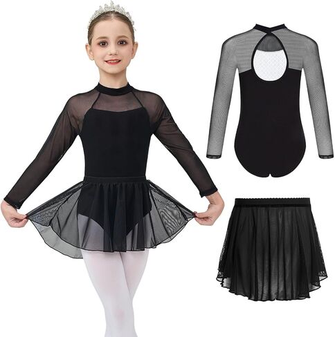 Gogokids Ballet Leotards for Girls Long Sleve Lace Dance Leotards Toddler Dance Dress with Removable Skirt Combo 4-12Y in Kuwait