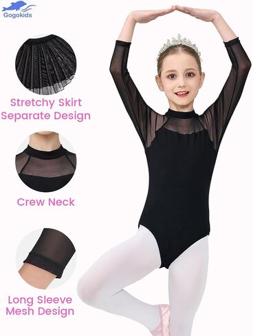 Gogokids Ballet Leotards for Girls Long Sleve Lace Dance Leotards Toddler Dance Dress with Removable Skirt Combo 4-12Y in Kuwait