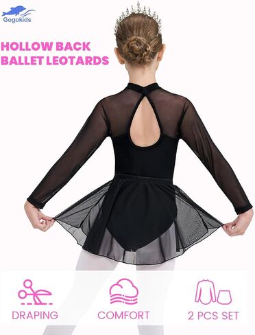 Gogokids Ballet Leotards for Girls Long Sleve Lace Dance Leotards Toddler Dance Dress with Removable Skirt Combo 4-12Y in Kuwait