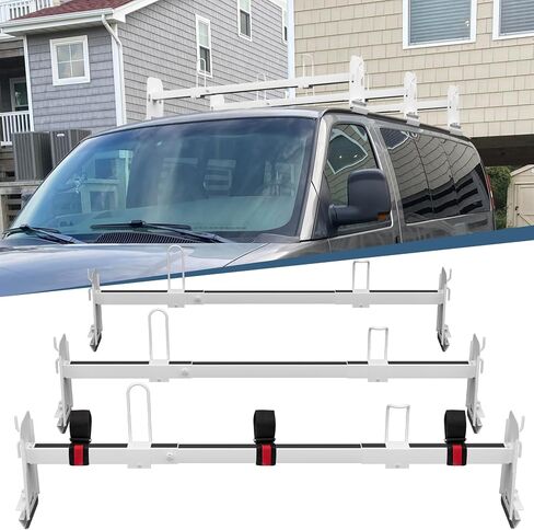 Universal Van Roof Rack 3 Bar Tet ، طول قابل للتعديل 41.5 ''- 70 '' ، رف سلم فان سلم مناسب لـ Chevy Express 1500 2500 3500 Ford Econoline GMC Savana Cargo Vans with Rain Gutter in Saudi Arabia