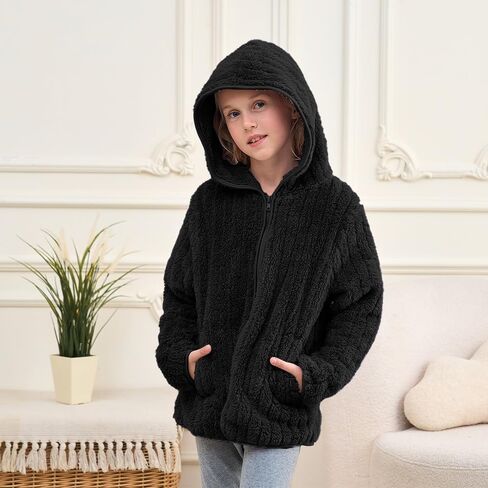 Girls Fleece Jackets Boys Sherpa Hoodies Light Tops Full Zip Up Kids Sweatshirts Size 3-12 Years in Saudi Arabia