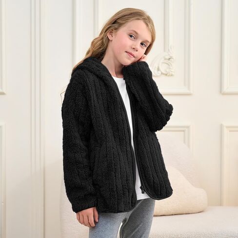 Girls Fleece Jackets Boys Sherpa Hoodies Light Tops Full Zip Up Kids Sweatshirts Size 3-12 Years in Saudi Arabia
