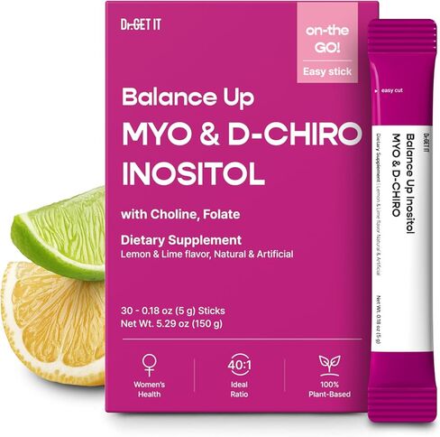 التوازن بين Myo-inositol & D-Chiro inositol | 40: 1 مع حمض الفوليك والكولين هرمون والصحة الإنجابية للنساء | ملحق عصا المسحوق على النحل | نكهة الليمون الليمون 30 عصي خدمة واحدة in Saudi Arabia