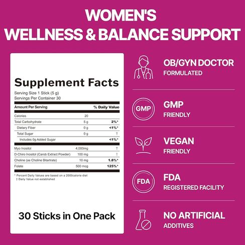 التوازن بين Myo-inositol & D-Chiro inositol | 40: 1 مع حمض الفوليك والكولين هرمون والصحة الإنجابية للنساء | ملحق عصا المسحوق على النحل | نكهة الليمون الليمون 30 عصي خدمة واحدة in Saudi Arabia