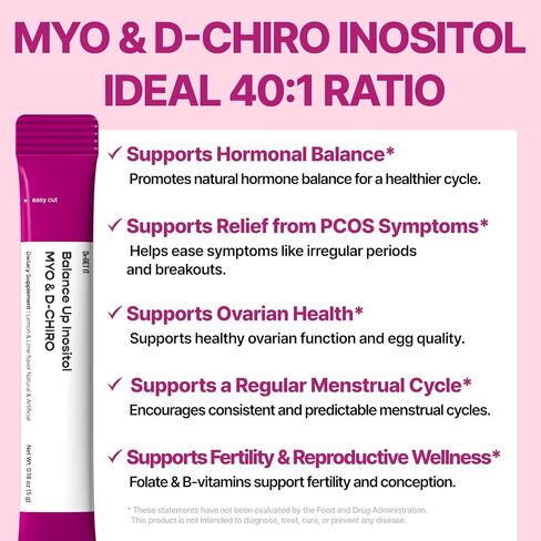 التوازن بين Myo-inositol & D-Chiro inositol | 40: 1 مع حمض الفوليك والكولين هرمون والصحة الإنجابية للنساء | ملحق عصا المسحوق على النحل | نكهة الليمون الليمون 30 عصي خدمة واحدة in Saudi Arabia