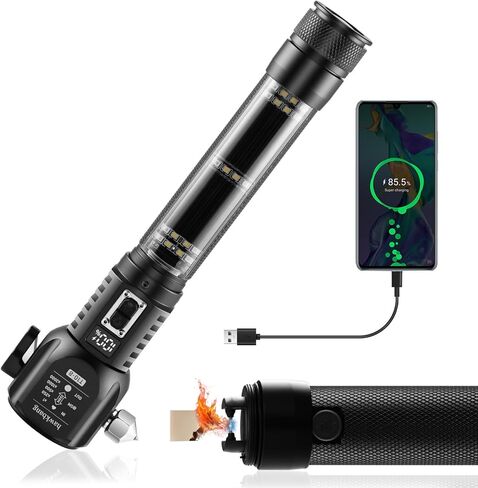 18-in-1 Car Safety Hammer Flashlight with Electric Lighter Window Breaker Seatbelt Cutter Power Bank Tool,Solar/USB Rechargeable Emergency Flashlight High Lumens for Car Repair,Camping,Hiking in Saudi Arabia