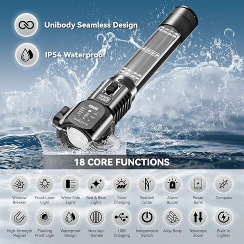 18-in-1 Car Safety Hammer Flashlight with Electric Lighter Window Breaker Seatbelt Cutter Power Bank Tool,Solar/USB Rechargeable Emergency Flashlight High Lumens for Car Repair,Camping,Hiking in Saudi Arabia