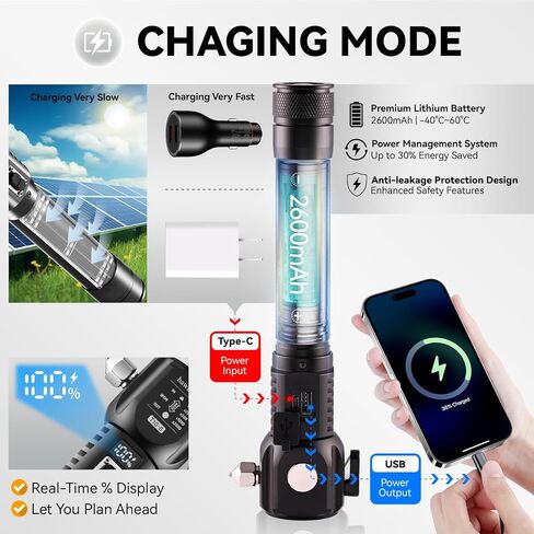 18-in-1 Car Safety Hammer Flashlight with Electric Lighter Window Breaker Seatbelt Cutter Power Bank Tool,Solar/USB Rechargeable Emergency Flashlight High Lumens for Car Repair,Camping,Hiking in Saudi Arabia