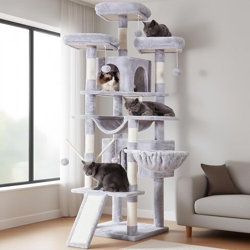 Hey-brother Cat Tree, 71 inches XL Large Cat Tower for Indoor Cats, Multi-Level Cat House with 3 Padded Perches, Big Scratcher, Cozy Basket, 2 Cat Condos and Scratching Posts, Beige MPJ034M in Kuwait