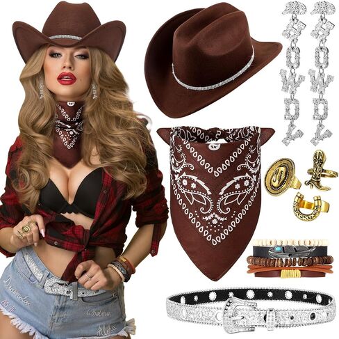 8 PCS Rhinestone Cowboy Hat للنساء اللامع مع حزام باندانا أقراط لأقراط لإمدادات الحفلات في عيد الهالوين in Saudi Arabia