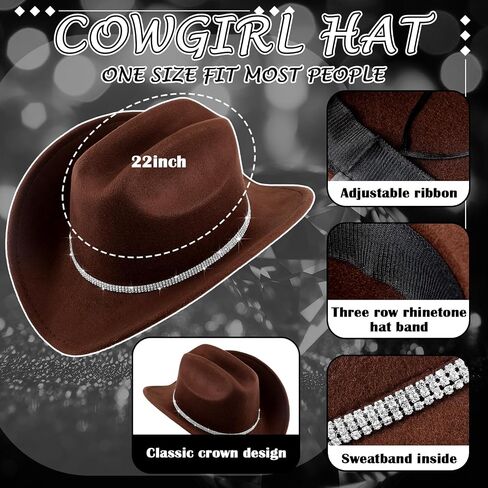 8 PCS Rhinestone Cowboy Hat للنساء اللامع مع حزام باندانا أقراط لأقراط لإمدادات الحفلات في عيد الهالوين in Saudi Arabia
