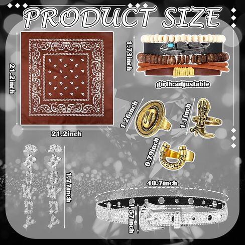 8 PCS Rhinestone Cowboy Hat للنساء اللامع مع حزام باندانا أقراط لأقراط لإمدادات الحفلات في عيد الهالوين in Saudi Arabia