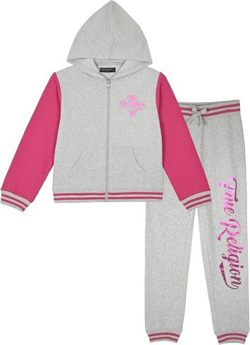 True Religion Girls 2 Piece Fleece Hooded Jogger Set – Zip-Front Hoodie & Sweatpants Outfit in Saudi Arabia