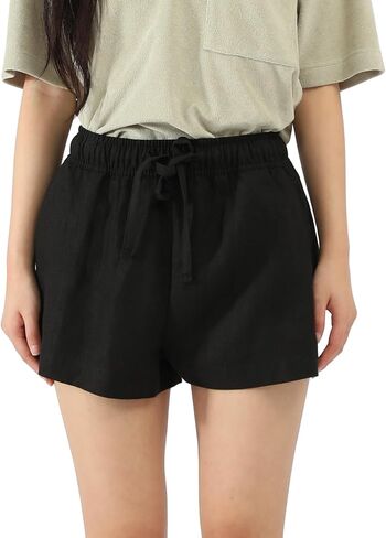 Women's 100% Linen Casual Shorts High Waisted Elastic Waistband Beach Lounge Shorts in Saudi Arabia
