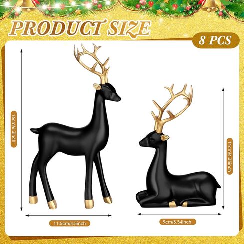 Wenqik 8 Pcs Christmas Reindeer Figurines Gold Deer Christmas Decor Xmas Sitting Standing Deer Statues Rustic Small Reindeer Sculpture for Home Living Room Cabinet Table Office Indoor Decoration Gift in Kuwait