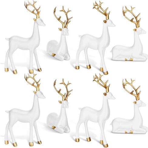 Wenqik 8 Pcs Christmas Reindeer Figurines Gold Deer Christmas Decor Xmas Sitting Standing Deer Statues Rustic Small Reindeer Sculpture for Home Living Room Cabinet Table Office Indoor Decoration Gift in Saudi Arabia
