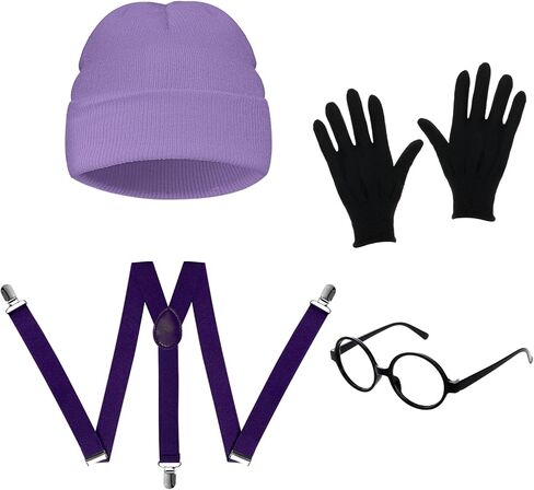 4Pcs Halloween Costume Set for Adult Yellow Beanie Hat Black Round Frame Glasses Gloves Suspenders for Halloween Cosplay in Saudi Arabia