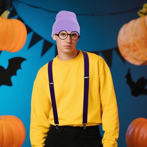 4Pcs Halloween Costume Set for Adult Yellow Beanie Hat Black Round Frame Glasses Gloves Suspenders for Halloween Cosplay in Saudi Arabia