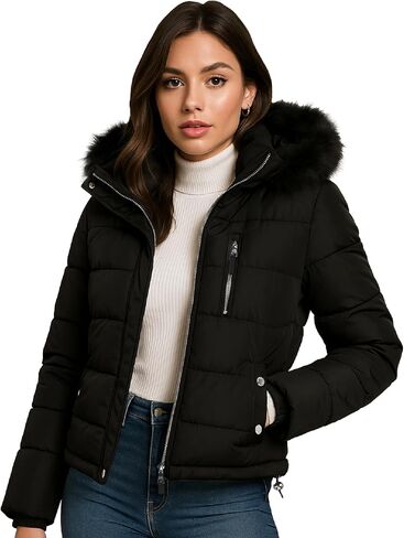 Steve Madden Womens Switche Stacket - الرياح والماء المقاوم للسترات الشتوية المعزولة للنساء مع غطاء فرو قابل للإزالة in Kuwait