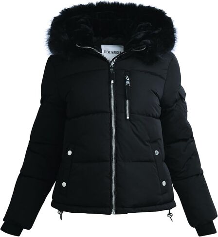 Steve Madden Womens Switche Stacket - الرياح والماء المقاوم للسترات الشتوية المعزولة للنساء مع غطاء فرو قابل للإزالة in Kuwait