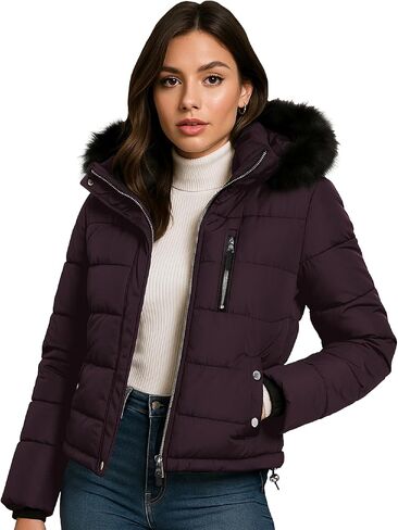 Steve Madden Womens Switche Stacket - الرياح والماء المقاوم للسترات الشتوية المعزولة للنساء مع غطاء فرو قابل للإزالة in Kuwait