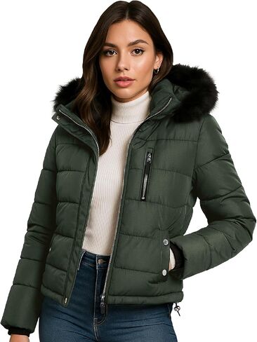 Steve Madden Womens Cropped Puffer Jacket - Wind & Water Resistant Insulated Winter Jackets for Women with Removable Fur Hood in Saudi Arabia