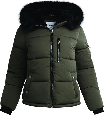 Steve Madden Womens Cropped Puffer Jacket - Wind & Water Resistant Insulated Winter Jackets for Women with Removable Fur Hood in Saudi Arabia