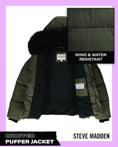 Steve Madden Womens Cropped Puffer Jacket - Wind & Water Resistant Insulated Winter Jackets for Women with Removable Fur Hood in Saudi Arabia