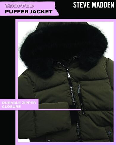 Steve Madden Womens Cropped Puffer Jacket - Wind & Water Resistant Insulated Winter Jackets for Women with Removable Fur Hood in Saudi Arabia