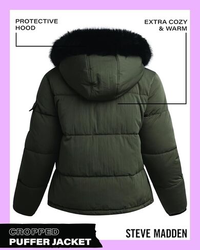 Steve Madden Womens Cropped Puffer Jacket - Wind & Water Resistant Insulated Winter Jackets for Women with Removable Fur Hood in Saudi Arabia