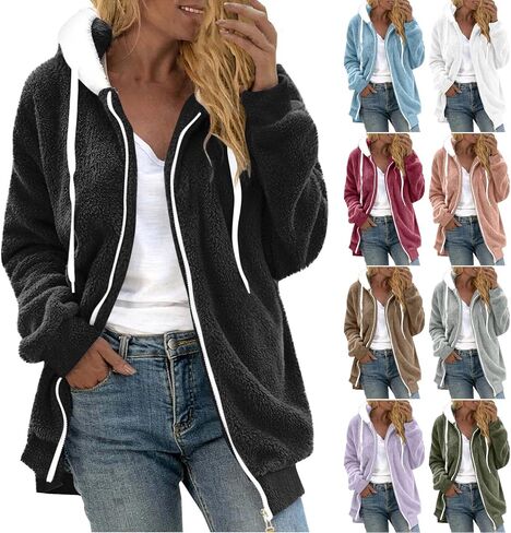 سترة شيربا نساء zip-up حرارة غامضة سترات الصوف غير الرسمية معاطف شتوية دافئة مقنعين مع جيوب in Kuwait