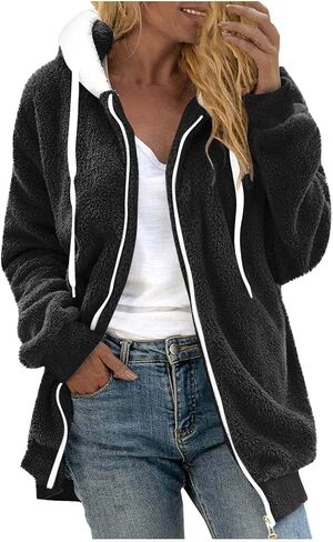سترة شيربا نساء zip-up حرارة غامضة سترات الصوف غير الرسمية معاطف شتوية دافئة مقنعين مع جيوب in Kuwait
