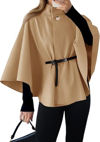 Cicy Bell Womens Batwing Sleeve Poncho Pea Coats Oversized Belted Trendy Casual Stand Collar Cloak Cape Coats in Saudi Arabia
