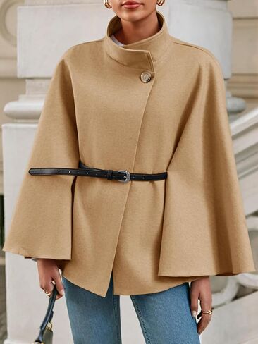 Cicy Bell Womens Batwing Sleeve Poncho Pea Coats Oversized Belted Trendy Casual Stand Collar Cloak Cape Coats in Saudi Arabia