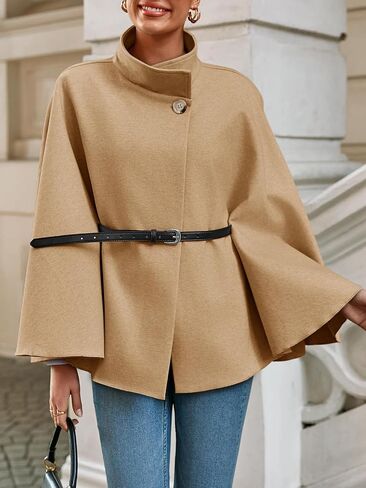Cicy Bell Womens Batwing Sleeve Poncho Pea Coats Oversized Belted Trendy Casual Stand Collar Cloak Cape Coats in Saudi Arabia