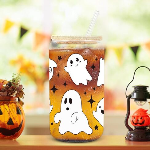UAREHIBY Halloween Gifts for Women with Floral Ghost Mug,18 OZ Cute Halloween Spooky Glass Cups with Lids and Straws,Funny Halloween Coffee Tumbler Ghost Mug,Halloween Decorations in Saudi Arabia