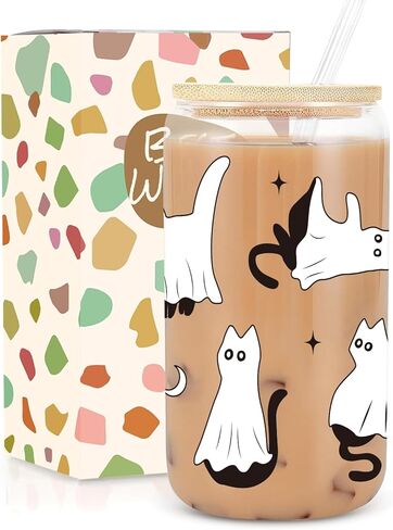 UAREHIBY Halloween Gifts for Women with Floral Ghost Mug,18 OZ Cute Halloween Spooky Glass Cups with Lids and Straws,Funny Halloween Coffee Tumbler Ghost Mug,Halloween Decorations in Kuwait