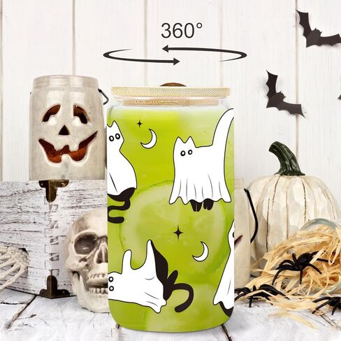UAREHIBY Halloween Gifts for Women with Floral Ghost Mug,18 OZ Cute Halloween Spooky Glass Cups with Lids and Straws,Funny Halloween Coffee Tumbler Ghost Mug,Halloween Decorations in Kuwait