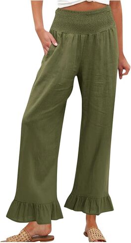Woman Fashion Ruffle Hem Pant Smocked Elastic High Waist Long Pants for Women Linen Spring Fall Trousers in Kuwait