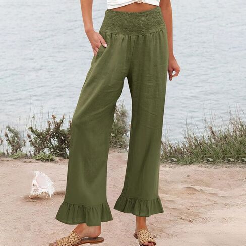Woman Fashion Ruffle Hem Pant Smocked Elastic High Waist Long Pants for Women Linen Spring Fall Trousers in Kuwait